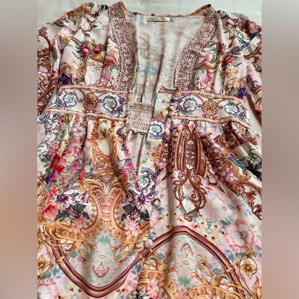 Boho Baroque Floral Maxi Dress Flowy Long Sleeve V Neck Scarf Print Cottagecore - Picture 10 of 15